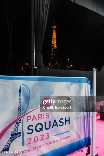 Illustration of a banner of the event on a barrier with a view on the Eiffel Tower during the PSA World Tour at Palais De Tokyo on August 30, 2023 in...