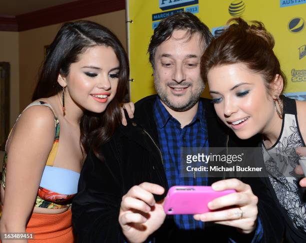 Actress Selena Gomez, director Harmony Korine and actress Ashley Benson attend the green room for "Spring Breakers" during the 2013 SXSW Music, Film...