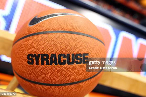 Detail of a basketball with the Nike swoosh and writing 'SYRACUSE' seen prior to the game between the Syracuse Orange and the DePaul Blue Demons at...