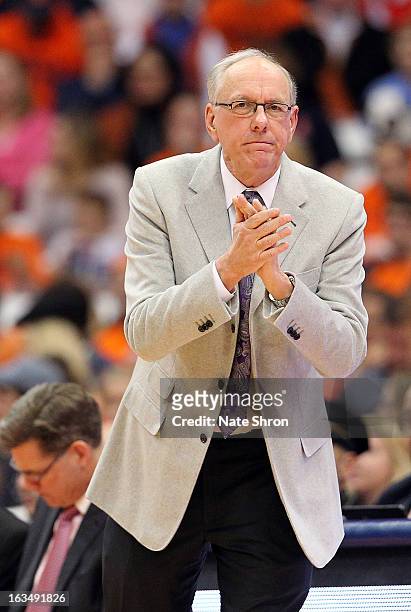 Head coach Jim Boeheim of the Syracuse Orange cheers from the sideline during the game against the DePaul Blue Demons at the Carrier Dome on March 6,...
