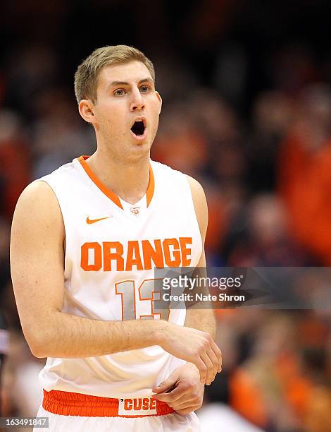 Griffin Hoffman of the Syracuse Orange reacts after a play during the game against the DePaul Blue Demons during the game at the Carrier Dome on...