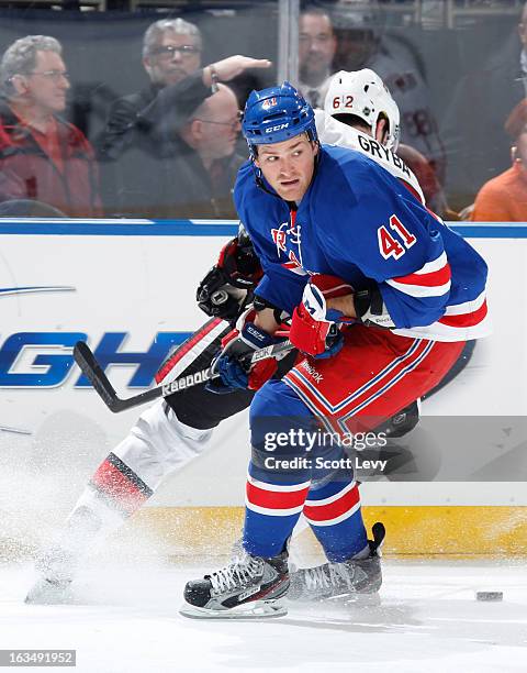 Stu Bickel of the New York Rangers skates against the Ottawa Senators at Madison Square Garden on March 8, 2013 in New York City.