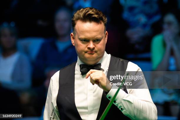 Shaun Murphy of England reacts in the second round match against Daniel Wells of Wales on day 2 of Snooker European Masters 2023 at Kia Metropol...