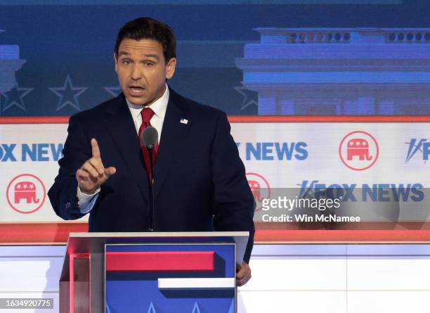 Republican presidential candidate, Florida Gov. Ron DeSantis participates in the first debate of the GOP primary season hosted by FOX News at the...