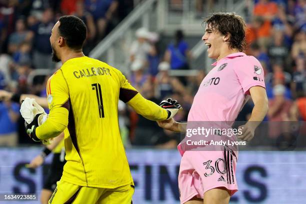 Benjamin Cremaschi of Inter Miami CF celebrates with teammate Drake Callender after defeating the FC Cincinnati in penalty kick to win the 2023 U.S....