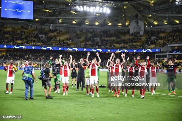 Antwerp FC players celebrate after winning a soccer game between Greek AEK Athens FC and Belgian soccer team Royal Antwerp FC, Wednesday 30 August...
