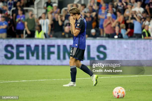 Nick Hagglund of FC Cincinnati reacts after missing a penalty kick to lose the 2023 U.S. Open Cup semifinal match against the Inter Miami CF at TQL...