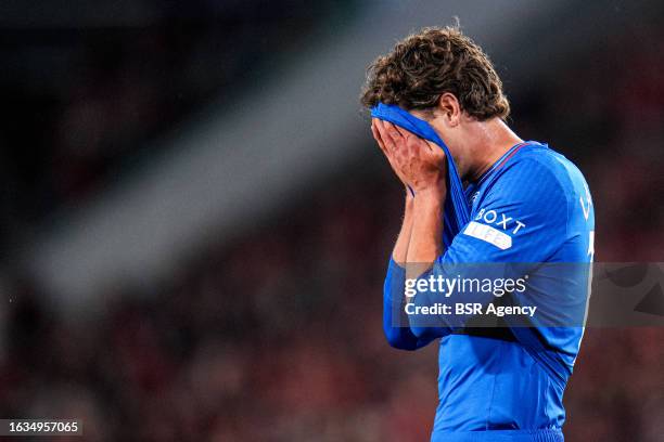 Sam Lammers of Rangers FC looks dejected after conceding his sides fourth goal during the UEFA Champions League Qualifying Play-Off Second Leg match...