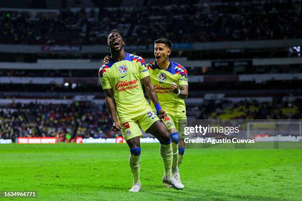 Julian Quiñones of America celebrates after scoring the team's third goal during the 5th round match between America and Necaxa as part of the Torneo...