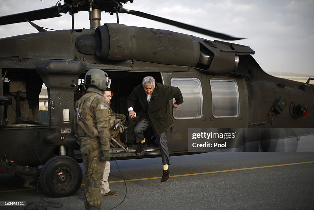 Sec. of Defense Hagel Makes Suprise Visit To Afghanistan