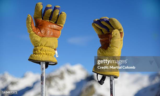 ski gloves and mountains - gants de sport photos et images de collection