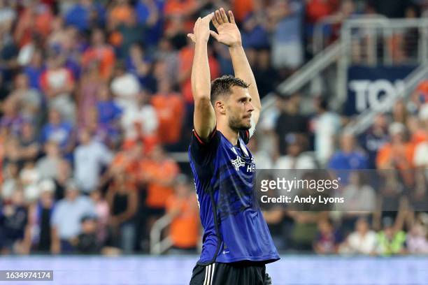 Matt Miazga of FC Cincinnati reacts to a penalty kick against the Inter Miami CF during a shootout in the 2023 U.S. Open Cup semifinal match at TQL...