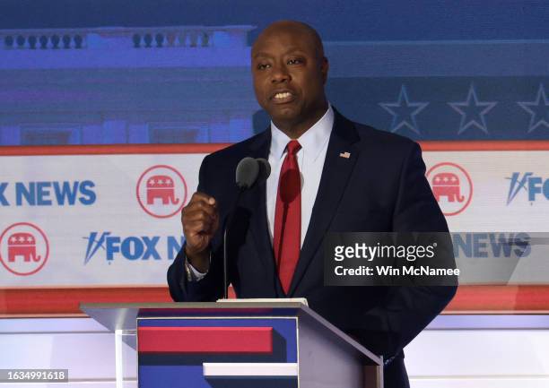 Republican presidential candidate, U.S. Sen. Tim Scott speaks during the first debate of the GOP primary season hosted by FOX News at the Fiserv...