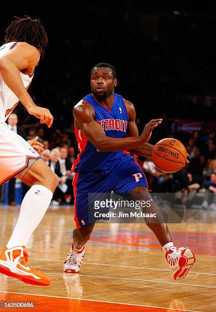Will Bynum of the Detroit Pistons in action against the New York Knicks at Madison Square Garden on February 4, 2013 in New York City. The Knicks...