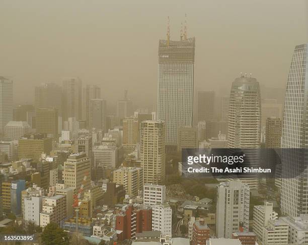 Haze covered Tokyo is seen on March 10, 2013 in Tokyo, Japan. Strong Northern wild by the cold front blow up dust and cover Japan's capital.