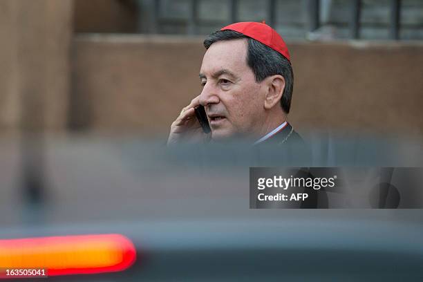 Colombian cardinal Ruben Salazar Gomez arrives for a meeting on the eve of the start of a conclave on March 11, 2013 at the Vatican. Cardinals will...