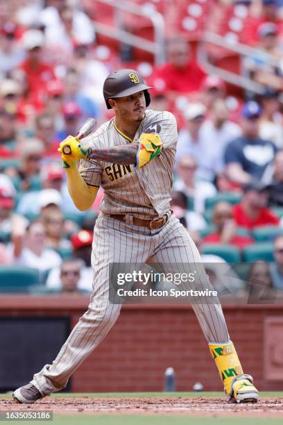 San Diego Padres third baseman Manny Machado bats during an MLB game against the St. Louis Cardinals on August 30, 2023 at Busch Stadium in St....