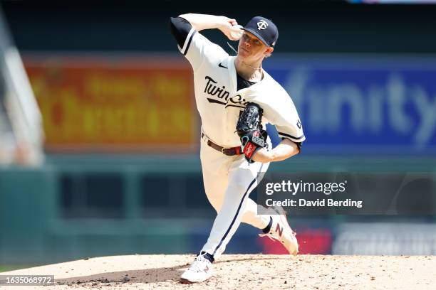 Sonny Gray of the Minnesota Twins pitches during the game between the Cleveland Guardians and the Minnesota Twins at Target Field on Wednesday,...