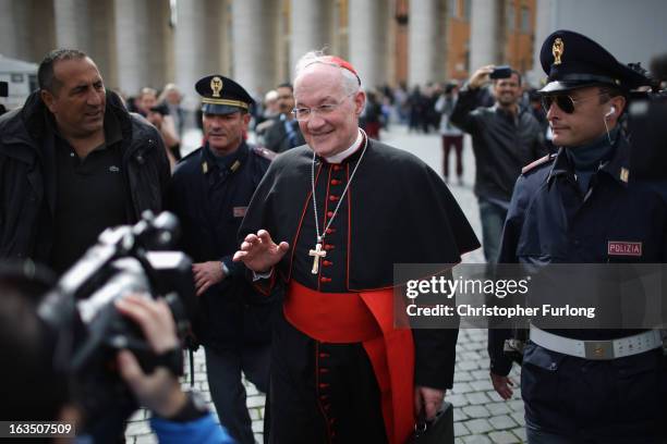 Canadian cardinal Marc Ouellet leaves the final congregation before cardinals enter the conclave to vote for a new pope, on March 11, 2013 in Vatican...