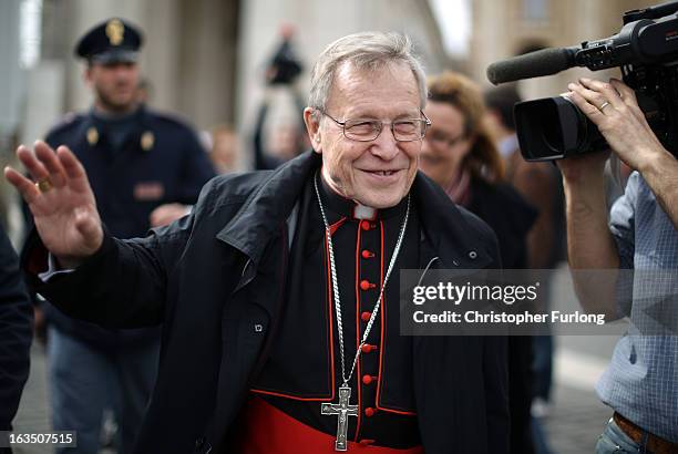 German cardinal Walter Kasper leaves the final congregation before cardinals enter the conclave to vote for a new pope, on March 11, 2013 in Vatican...