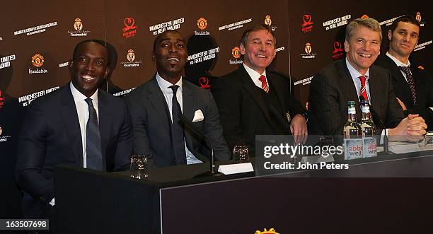 Dwight Yorke, Andrew Cole, Bryan Robson and David Gill of Manchester United Legends smile at a press conference to announce a charity match between...