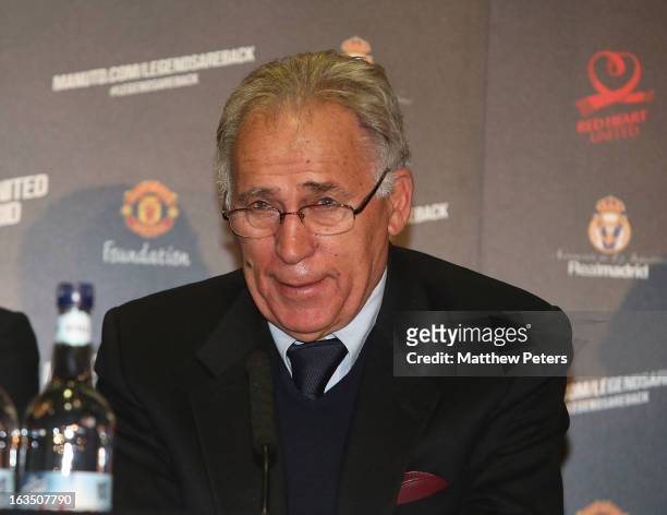 Amancio Amaro of Real Madrid Legends speaks at a press conference to announce a charity match between Manchester United Legends and Real Madrid...