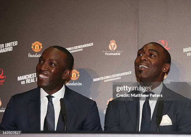 Andrew Cole of Manchester United Legends speaks at a press conference to announce a charity match between Manchester United Legends and Real Madrid...