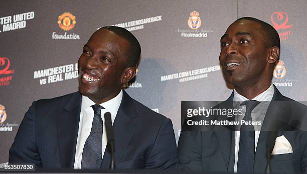 Andrew Cole of Manchester United Legends speaks at a press conference to announce a charity match between Manchester United Legends and Real Madrid...