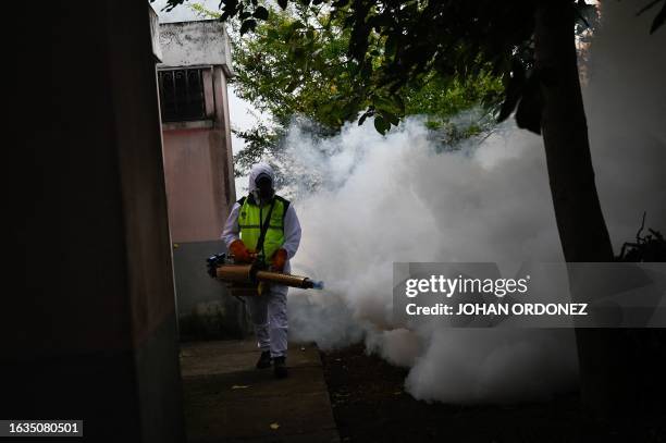 Municipal worker fumigates against the Aedes aegypti mosquito, a vector of the dengue, Zika, and Chikungunya viruses, as a preventive measure outside...