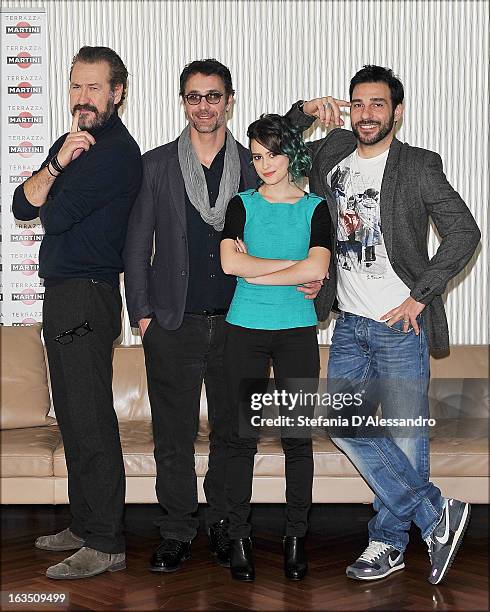 Marco Giallini, Raoul Bova, Rosabell Laurenti Sellers and Edoardo Leo attend 'Buongiorno Papa' Milan Photocall on March 11, 2013 in Milan, Italy.