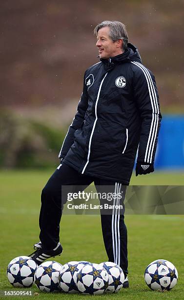 Head coach Jens Keller is seen during a FC Schalke 04 training session ahead of their UEFA Champions League round of 16 match against Galatasaray AS...