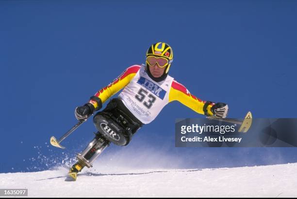 Daniel Gary Wesley of Canada in action during the Mens Super G LW11 Class at the 1998 Winter Paralympics in Nagano, Japan. Wesley won the gold medal....