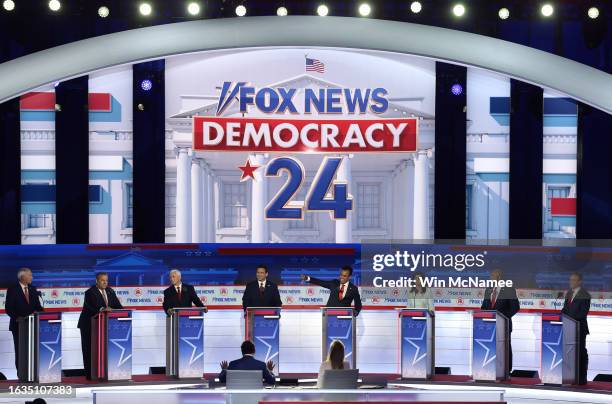 Republican presidential candidates , former Arkansas Gov. Asa Hutchinson, former New Jersey Gov. Chris Christie, former U.S. Vice President Mike...