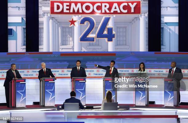Republican presidential candidates , former New Jersey Gov. Chris Christie, former U.S. Vice President Mike Pence, Florida Gov. Ron DeSantis, Vivek...