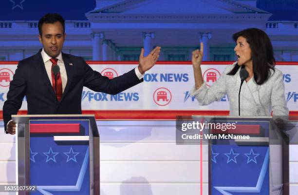 Republican presidential candidates, Vivek Ramaswamy and former U.N. Ambassador Nikki Haley participate in the first debate of the GOP primary season...