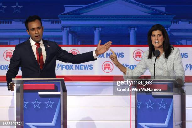 Republican presidential candidates, Vivek Ramaswamy and former U.N. Ambassador Nikki Haley participate in the first debate of the GOP primary season...