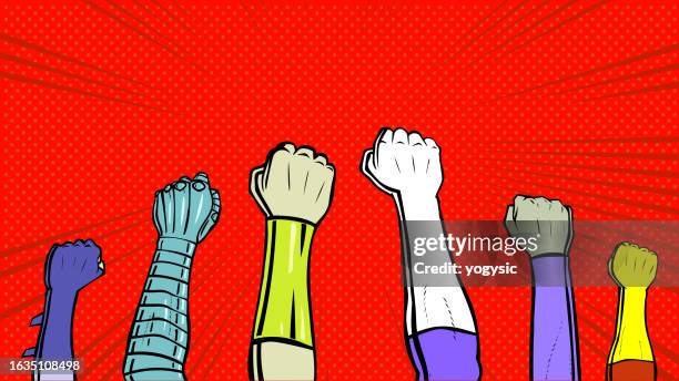 vector pop art superhero fist up in the air stock illustration - encourage stock illustrations