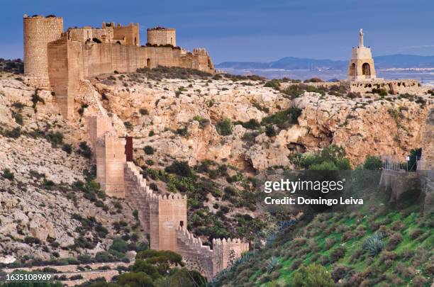 wall of jayran on the cerro de san cristobal, almeria, andalusia, spain - casbah stock pictures, royalty-free photos & images