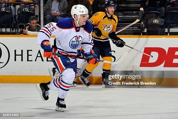 Ben Eager of the Edmonton Oilers plays against the Nashville Predators at Bridgestone Arena on March 8, 2013 in Nashville, Tennessee.