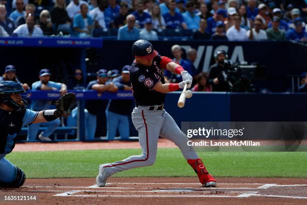 August 30 - Washington Nationals right fielder Lane Thomas hits a pitch during first inning action against the Toronto Blue Jays in Toronto. The...