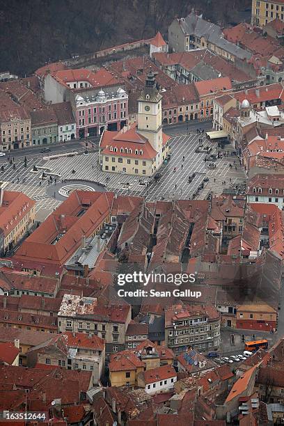 The former Council House, built in 1420, in Sfatului square stands among other Saxon-built houses in the historic district on March 9, 2013 in...