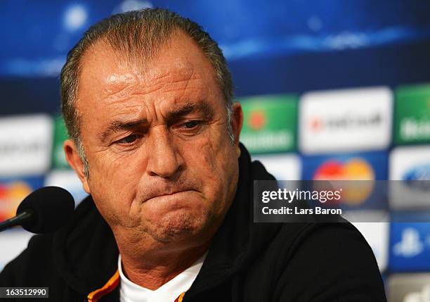 Head coach Fatih Terim is seen during a Galatasaray AS press conference ahead of their UEFA Champions League round of 16 match against FC Schalke 04...