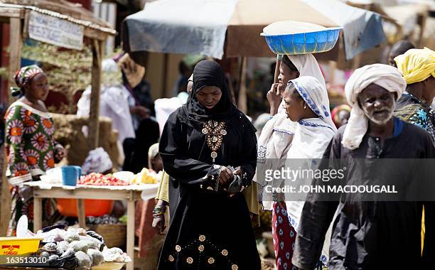 Women shop at one of Gao's street markets on March 11, 2013. Gao residents who had fled when Islamic extremists occupied the city for some 9 months,...