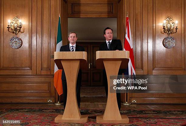 Prime Minister David Cameron and Irish Taoiseach Enda Kenny speak to the media after a meeting at 10 Dowing Street on March 11, 2013 in London,...