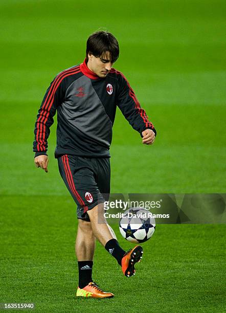 Bojan Krkic of AC Milan juggles the ball during a training session ahead of their UEFA Champions League round of 16 second leg against FC Barcelona...