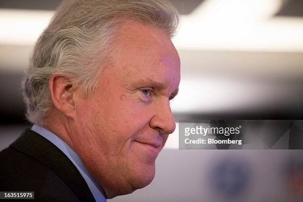 Jeffrey "Jeff" Immelt, chairman and chief executive officer of General Electric Co. , sits during a news conference in New York, U.S., on Monday,...