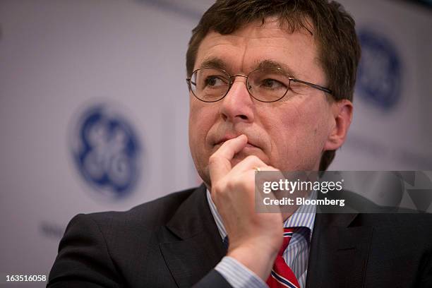 Richard Hausmann, president and chief executive officer of GE Healthcare, speaks during a news conference in New York, U.S., on Monday, March 3,...