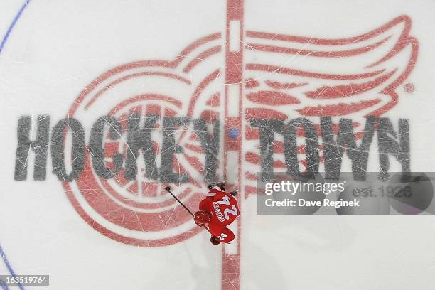 Damien Brunner of the Detroit Red Wings skates in for a shoot-out attempt during an NHL game against the Chicago Blackhawks at Joe Louis Arena on...