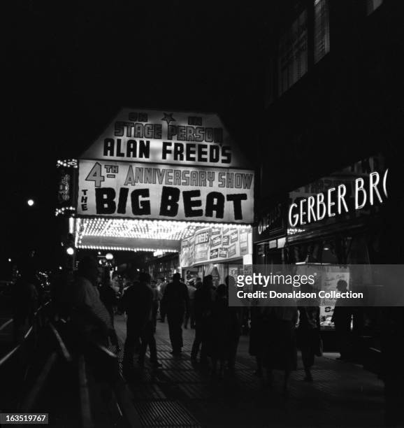 The marquee at the Brooklyn Fox Theater reads "On Stage, In person, Alan Freed's 4th anniversary show, The Big Beat" on August 29, 1958 at the...