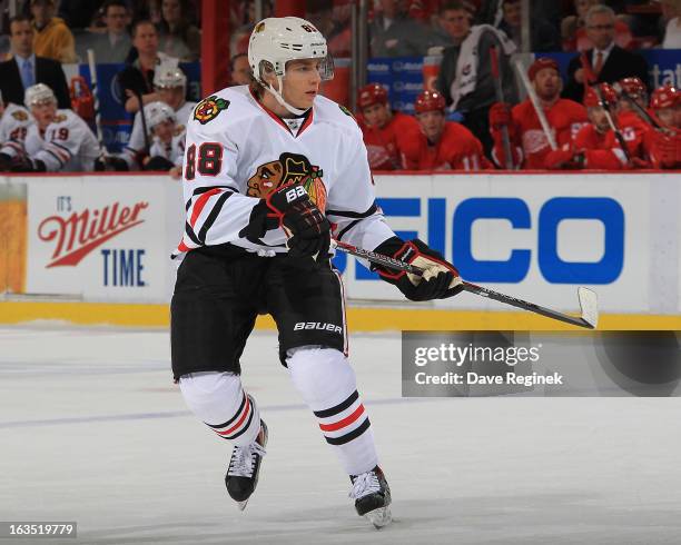 Patrick Kane of the Chicago Blackhawks follows the play during an NHL game against the Detroit Red Wings at Joe Louis Arena on March 3, 2013 in...